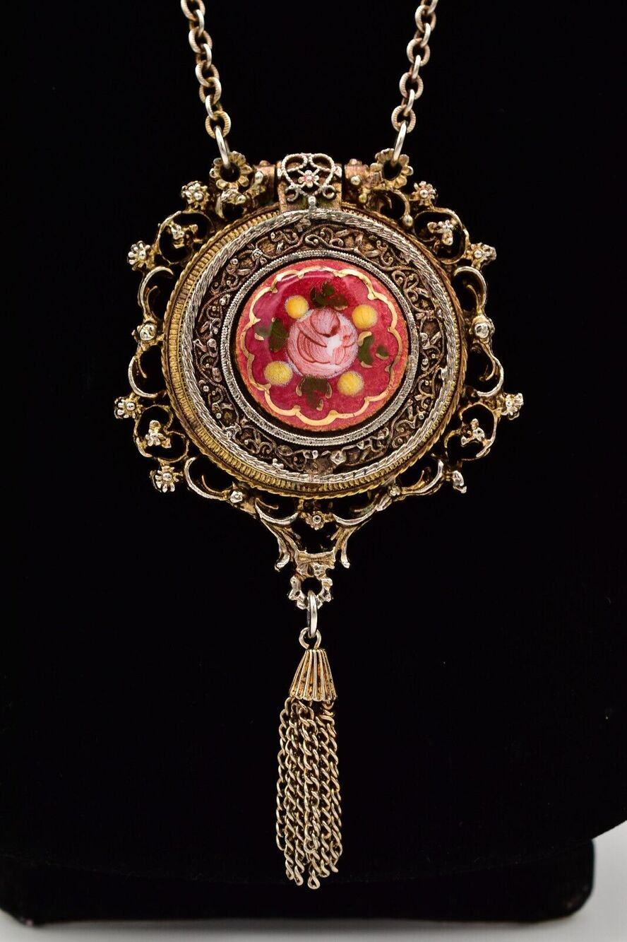 Vintage Locket Pendant Tassel Necklace Rose Painted Floral Heavy Antiqued BinA17